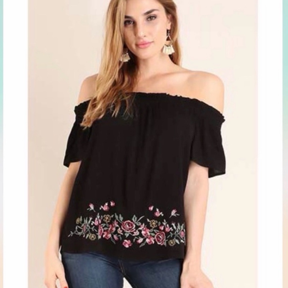 Self Esteem Black Off-Shoulder Blouse with Floral Embroidery